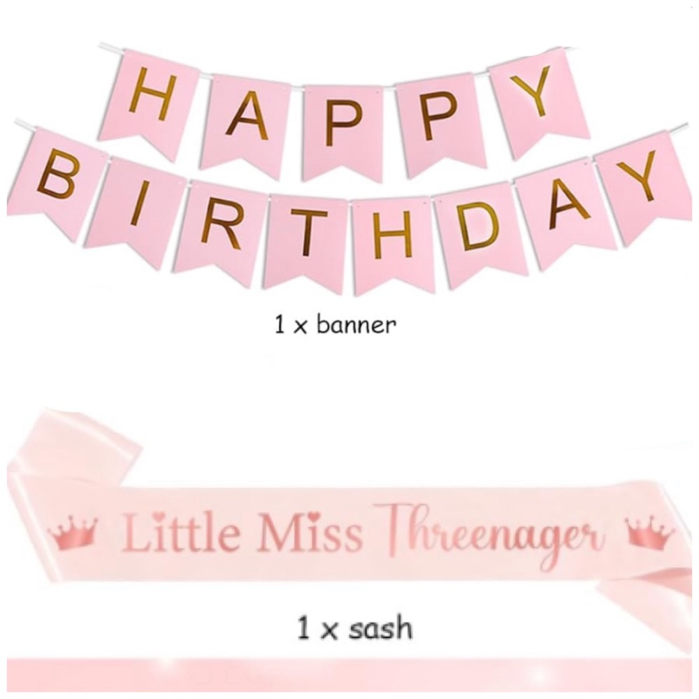 NEW Birthday Pink Little Miss Threenager Sash and Pink Happy Birthday Banner